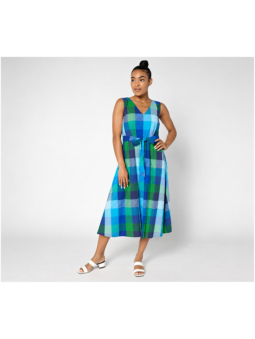 Isaac Mizrahi Live! Madras Plaid Midi Dress with Self Belt Blue, Size Petite 1X